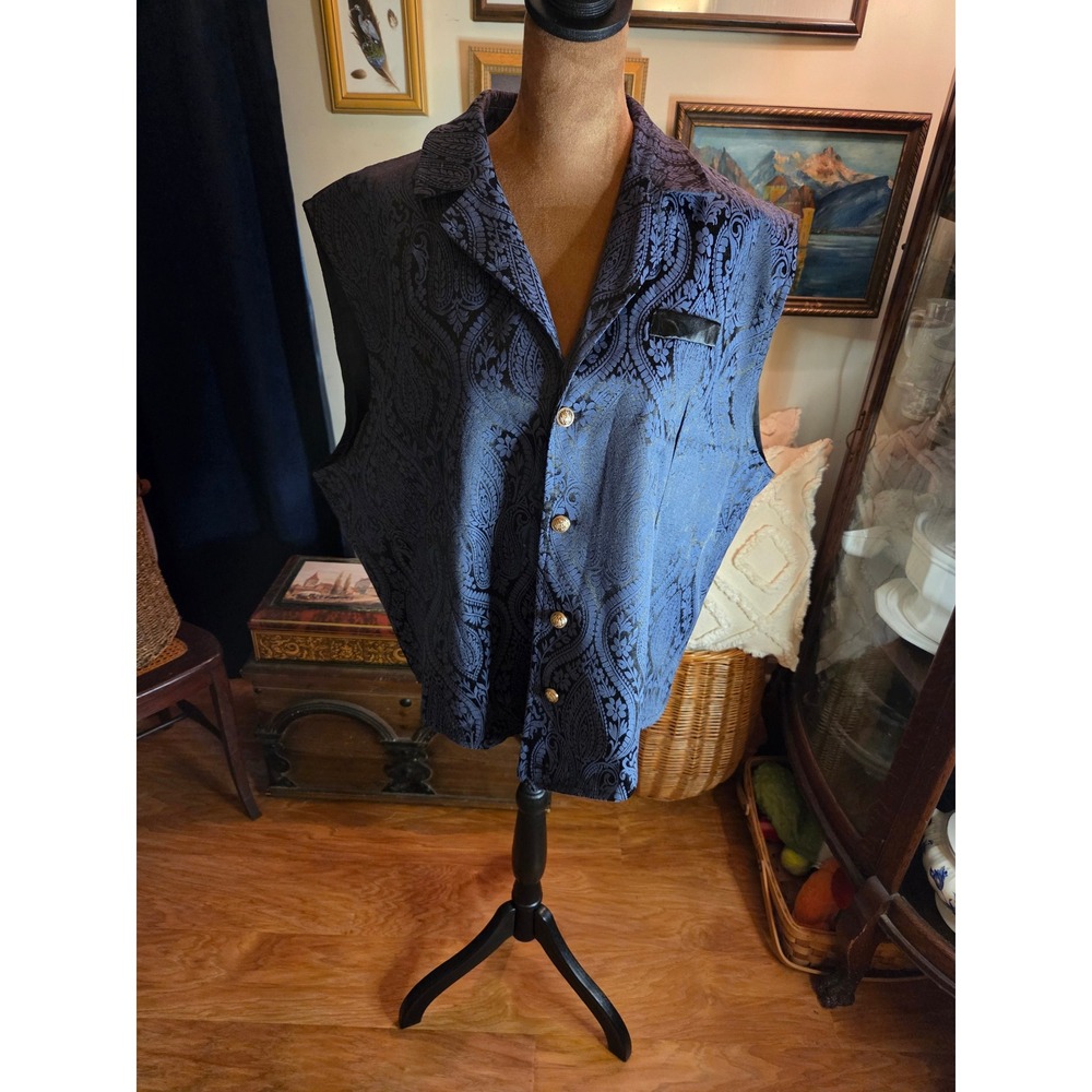 Navy Blue Paisley Jacquard Formal Vest Gold Crest Buttons Adjustable Back NWOT3X